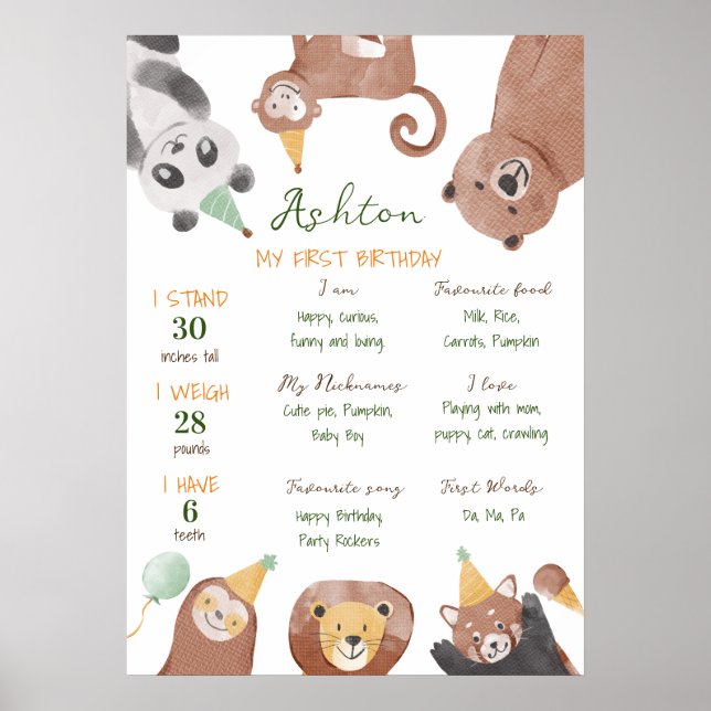 Party animals first birthday milestone board poster (Front)