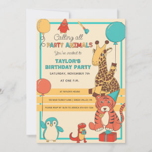 Party Animals Fun Giraffe, Tiger Kids Birthday Invitation