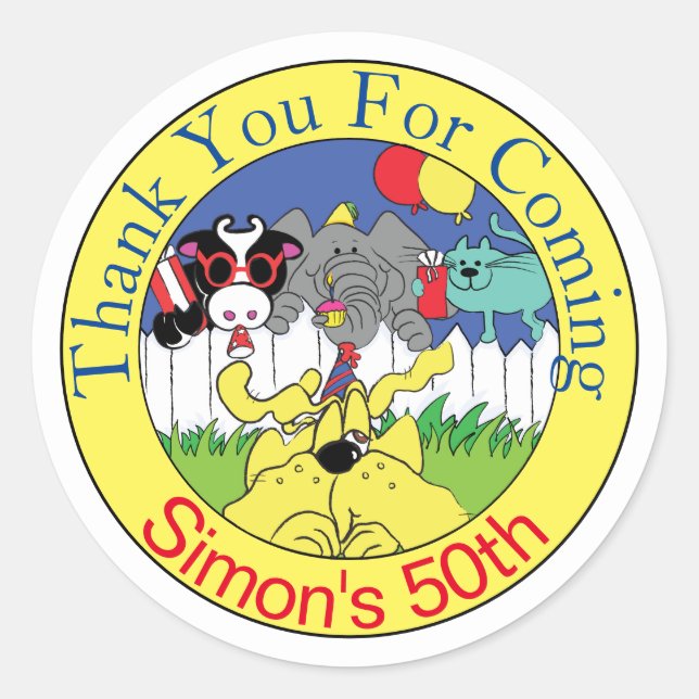 Party Animals funny birthday party Classic Round Sticker (Front)