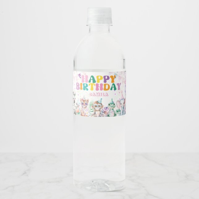 Party Animals Girl Birthday Wild One Water Water Bottle Label (Front)