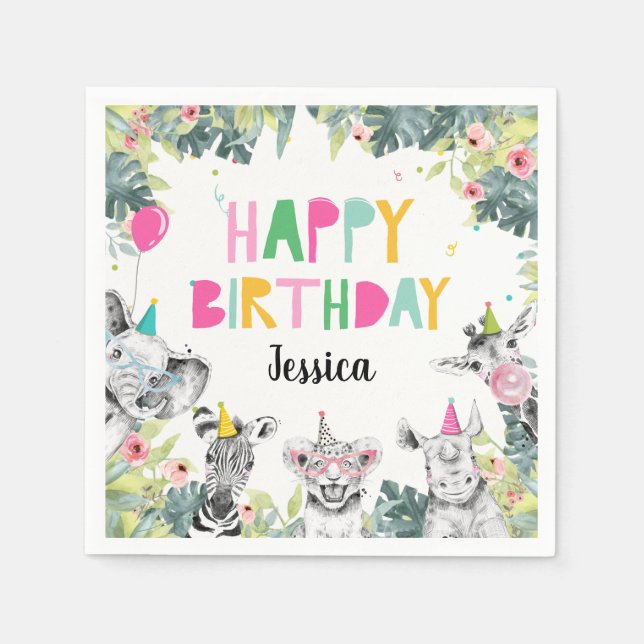 Party Animals Girl Safari Animals Birthday Party C Napkin (Front)