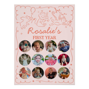 Party Animals Girl's First Birthday Photo Collage Poster