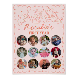 Party Animals Girl's First Birthday Photo Collage Poster