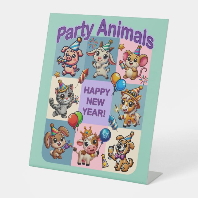 Party Animals "Happy New Year" Pedestal Sign (Front)