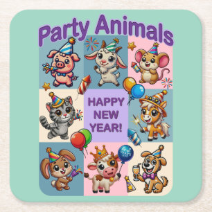 Party Animals "Happy New Year" Square Paper Coaster