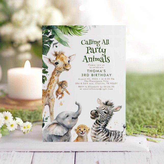 Party Animals Jungle Safari Fun Birthday Invitation (Safari Animals Kids Birthday Invitations)