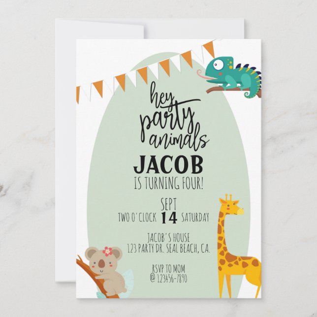 PARTY ANIMALS, KIDS BIRTHDAY, ANIMAL PARTY ANNOUNCEMENT (Front)