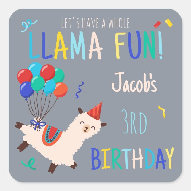 Party Animals Llama Birthday Boys Grey Square Sticker (Front)