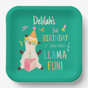 Party Animals Llama Birthday Girls Green Paper Plate