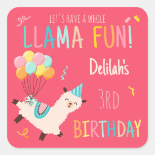 Party Animals Llama Birthday Girls Pink Square Sticker