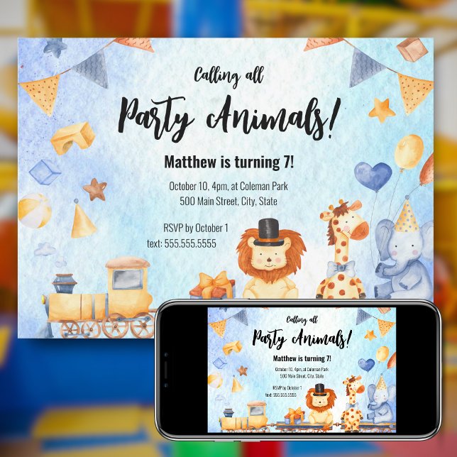 Party Animals on Train Kid Jungle Birthday Party Invitation (Creator Uploaded)