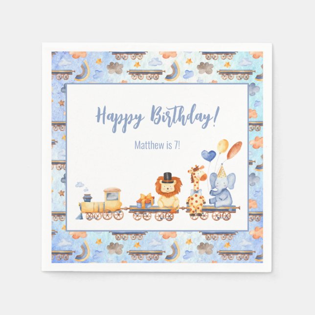 Party Animals on Train Kid Jungle Happy Birthday Napkin (Front)