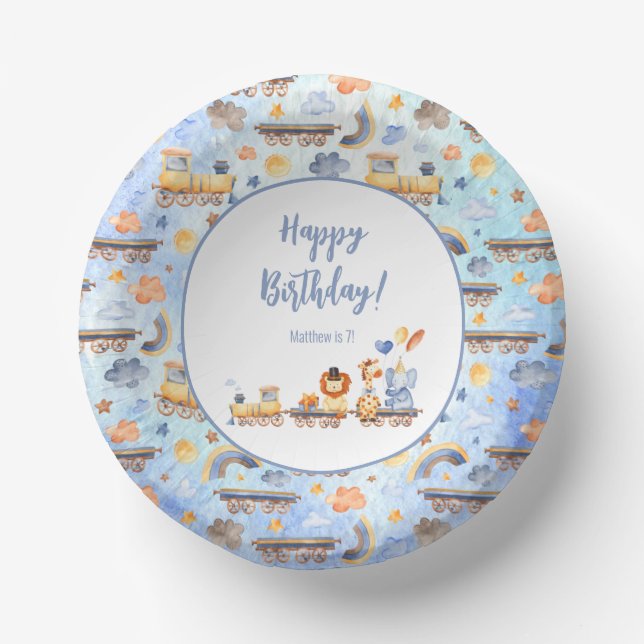 Party Animals on Train Kid Jungle Happy Birthday Paper Plate (Front)