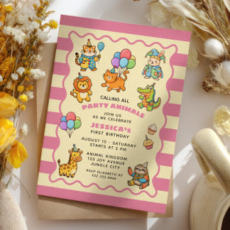 Party Animals Pink Baby Girl First Birthday Party Invitation