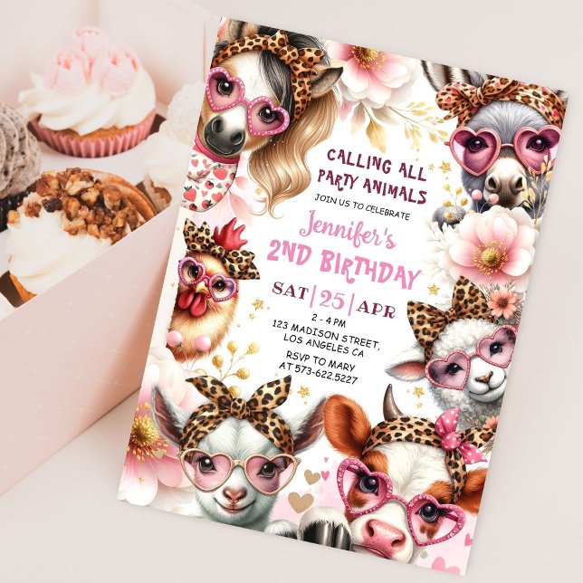 Party Animals Pink Barnyard Girl Farm Birthday Invitation (Creator Uploaded)