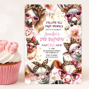 Party Animals Pink Girl Barnyard Farm Birthday Invitation