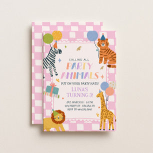 Party Animals Pink Safari Jungle Girls Birthday Invitation