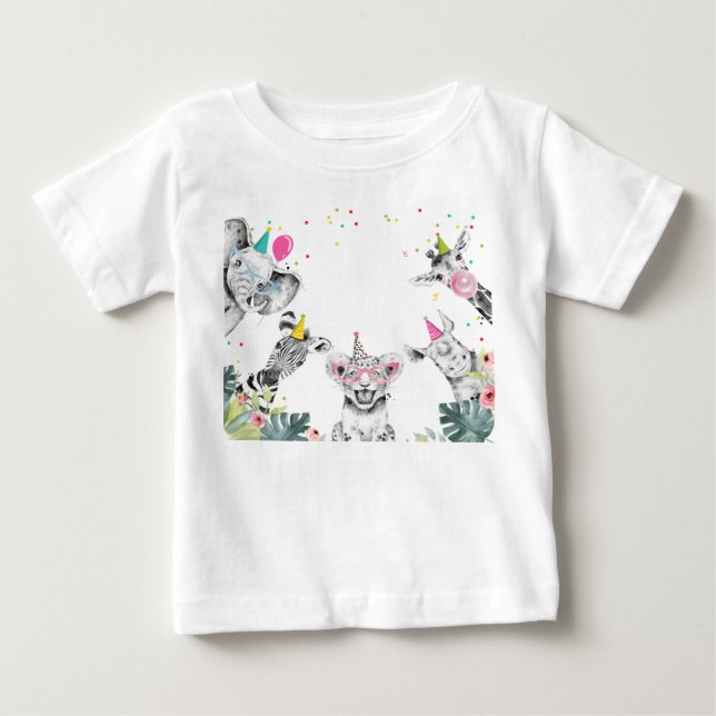 Party Animals Safari Birthday Party Girl Birthday  Baby T-Shirt (Front)