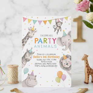 Party Animals Safari Girl 1st Birthday Invitation