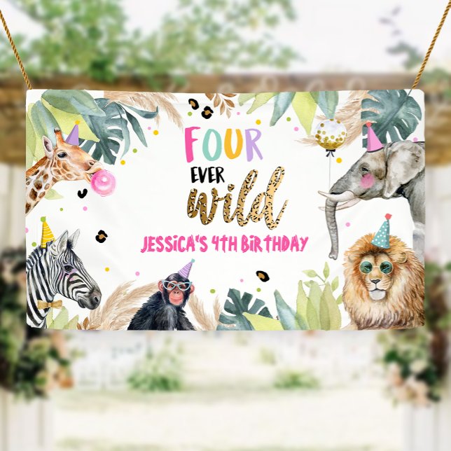 Party Animals Safari Girl Fourth Birthday Backdrop Banner (Creator Uploaded)