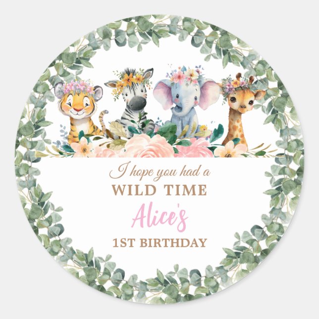 Party Animals Safari Girl Jungle Wild  Classic Round Sticker (Front)
