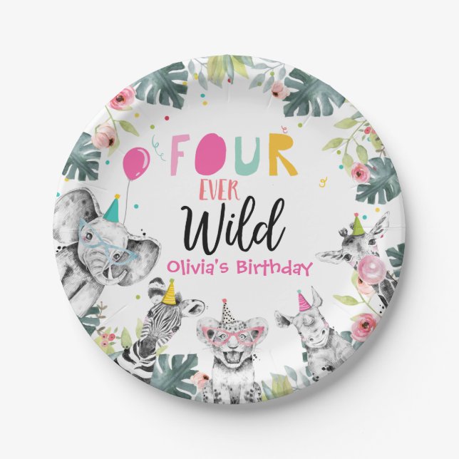 Party Animals Safari Girl Pink Four Wild Birthday Paper Plate (Front)