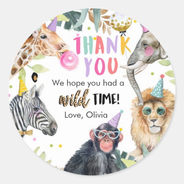 Party Animals Safari Girl Pink Thank You Wild Time Classic Round Sticker (Front)