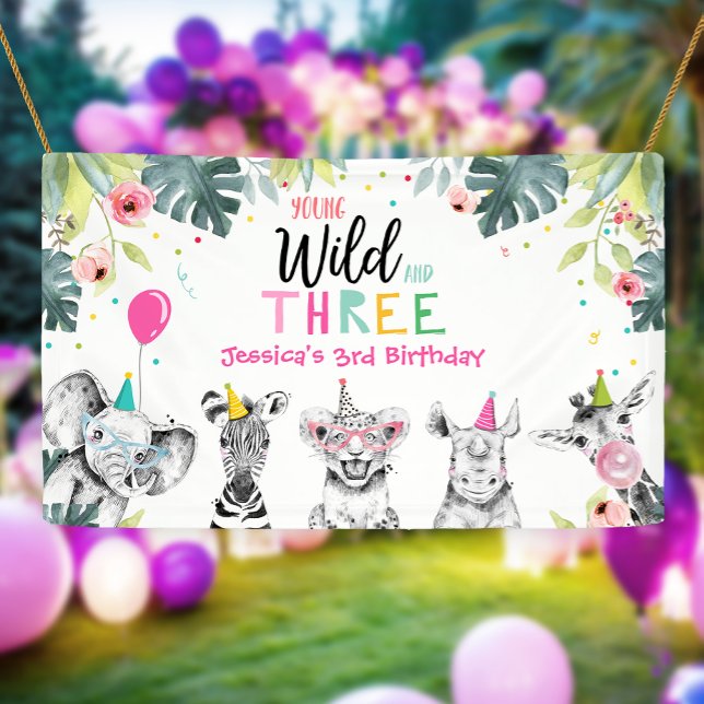 Party Animals Safari Girl Third Birthday Backdrop Banner (Creator Uploaded)