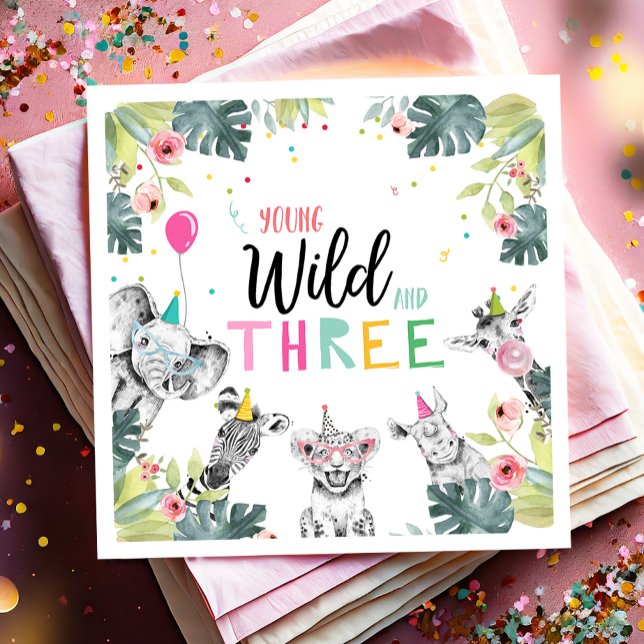 Party Animals Safari Girl Young Wild and Three Napkin (Creator Uploaded)