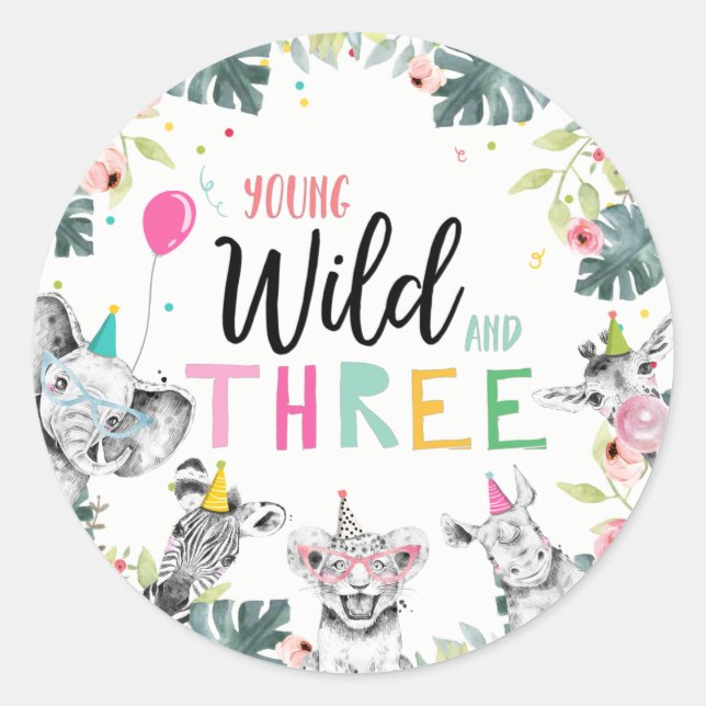 Party Animals Safari Girl Young Wild Three Third Classic Round Sticker (Front)