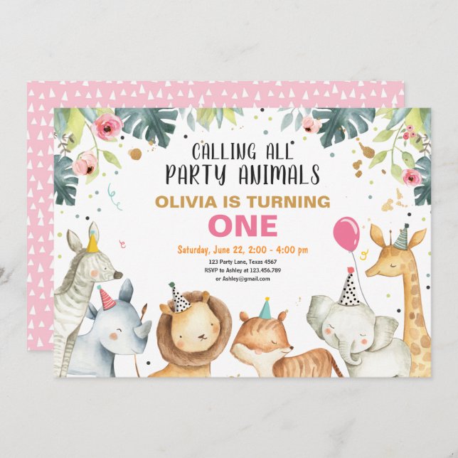 Party Animals Safari Gold Girl Animals Birthday Invitation (Front/Back)