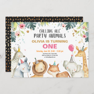 Party Animals Safari Gold Girl Animals Birthday Invitation