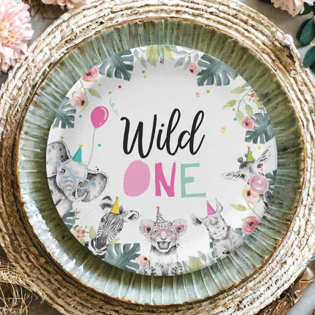 Party Animals Safari Wild One Girl First Birthday Paper Plate (Creator Uploaded)