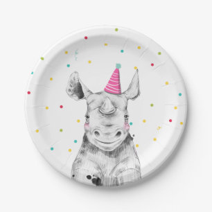 Party Animals Safari Wild One Rhino Zoo Birthday Paper Plate