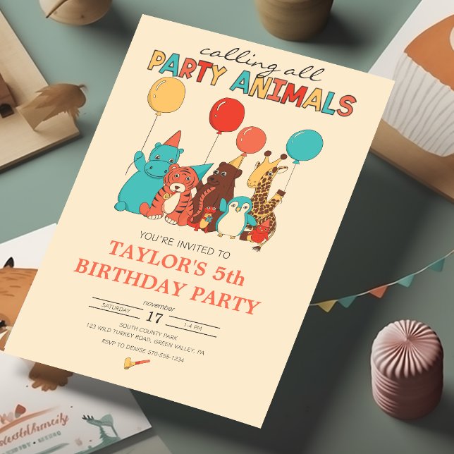 Party Animals Tiger, Penguin, Giraffe Birthday Invitation (Creator Uploaded)