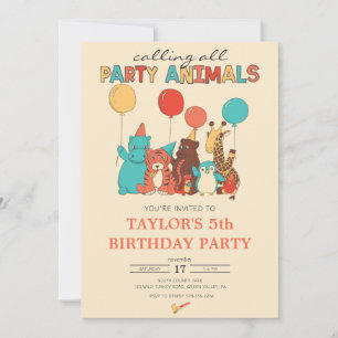 Party Animals Tiger, Penguin, Giraffe Birthday Invitation