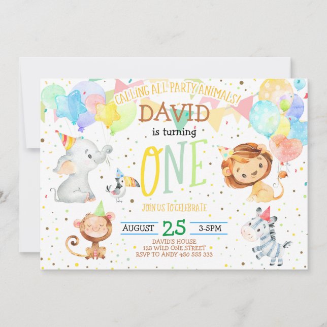 Party Animals Wild One Boy Jungle First Birthday Invitation (Front)