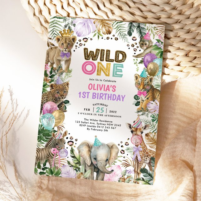 Party Animals Wild One Pink Purple Safari Birthday Invitation (Creator Uploaded)