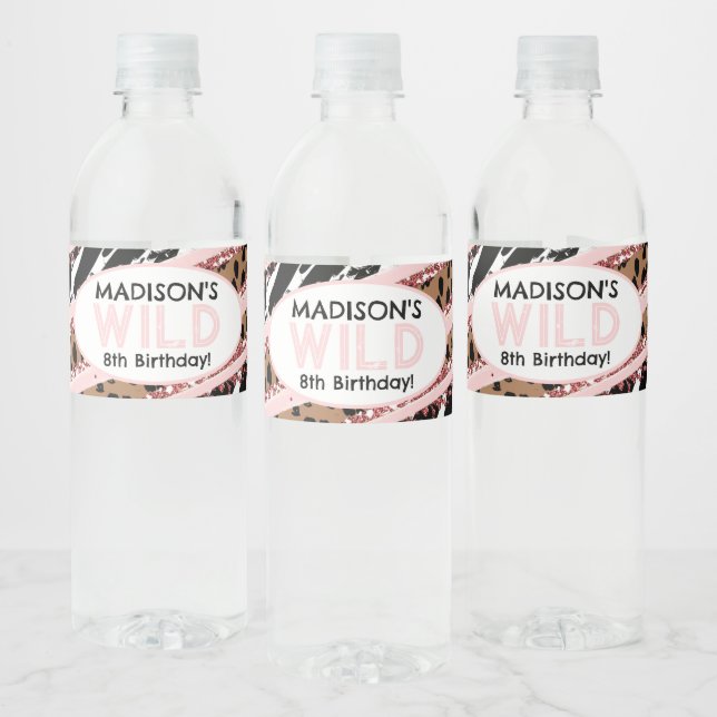 Party Animals Wild Safari Pink Girl Birthday Water Bottle Label (Bottles)