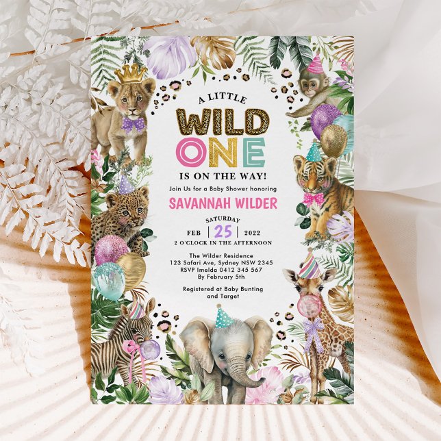 Party Animals Wild Safari Pink Lilac Baby Shower I Invitation (Creator Uploaded)