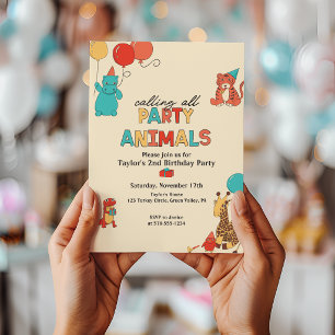 Party Animals with Balloons Retro Colours Birthday Invitation