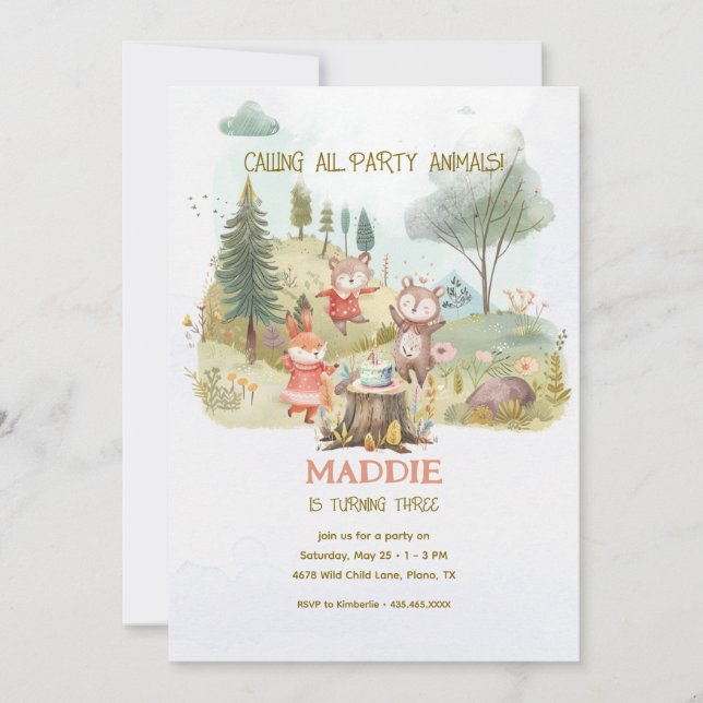 Party Animals woodland Kids Birthday Party Invitation (Front)