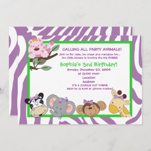 PARTY ANIMALS Zebra stripe 3RD Birthday Jungle 5x7 Invitation