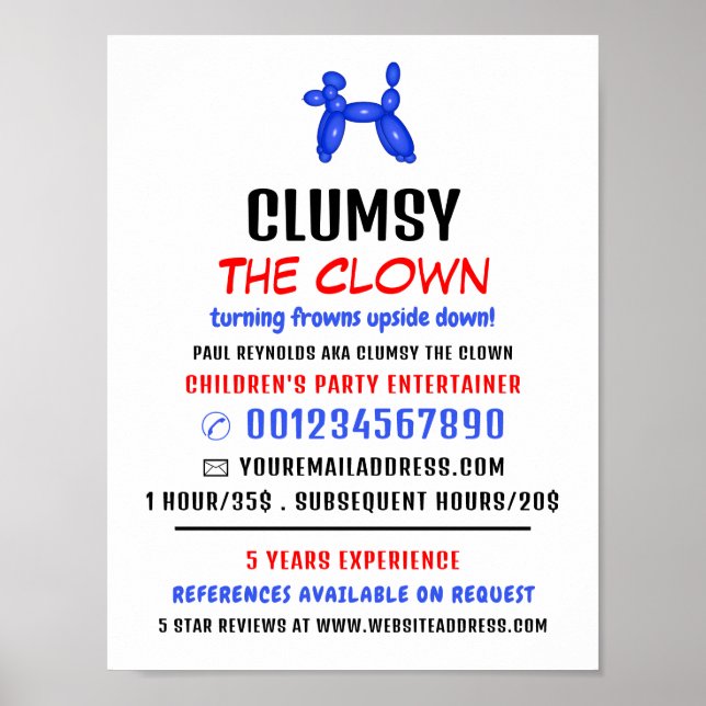 Party Balloon Kids Entertainer, Clown Advertising Poster (Front)