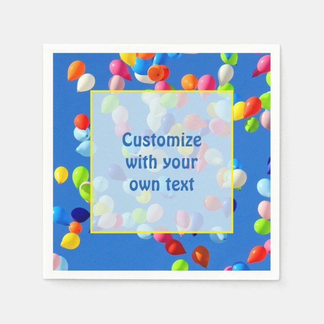 Party Balloons Floating in Blue Sky Custom Text Napkin (Front)