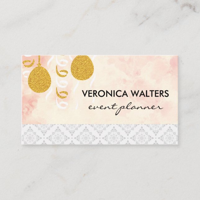 Party Balloons / Masquerade Masks / Damask Pattern Business Card (Front)