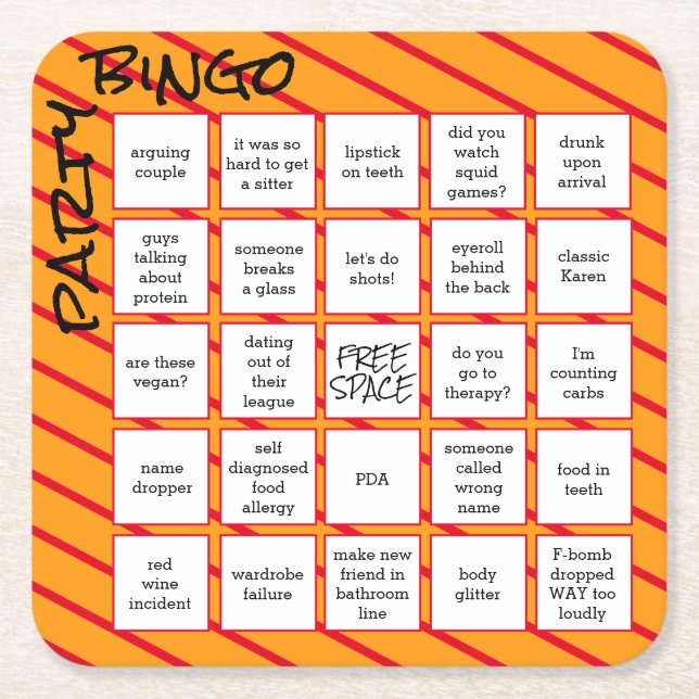 Party Bingo Funny Orange Red Modern Square Paper Coaster (Front)