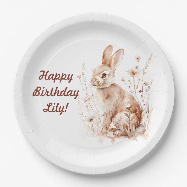 Party Bunny Girl Boy Beige Birthday Party Plate (Front)