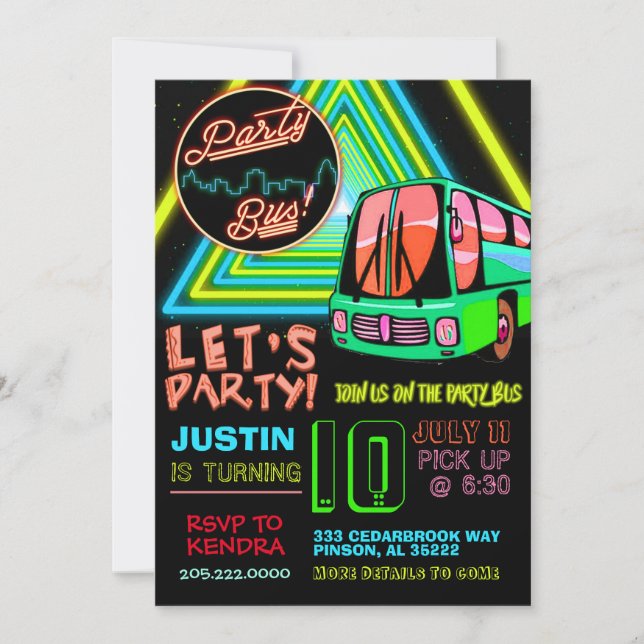 Party Bus Birthday Invitation  (Front)