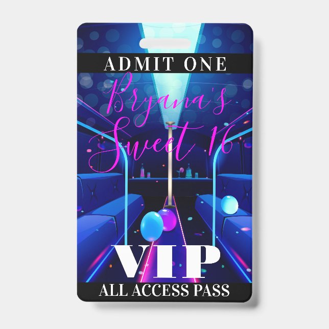 Party Bus Blacklight Dance Sweet 16 VIP Pass ID Badge (Front)